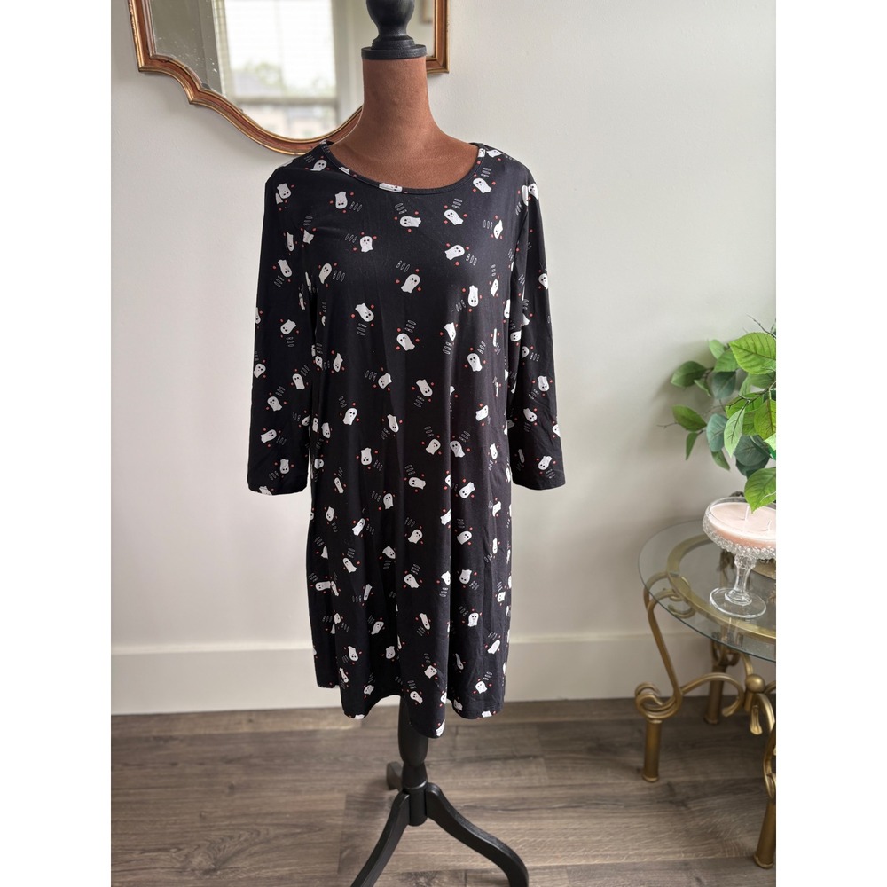 Dress Works Women's Black Halloween Ghost Print 3/4 Sleeve‎ Dress Size Med